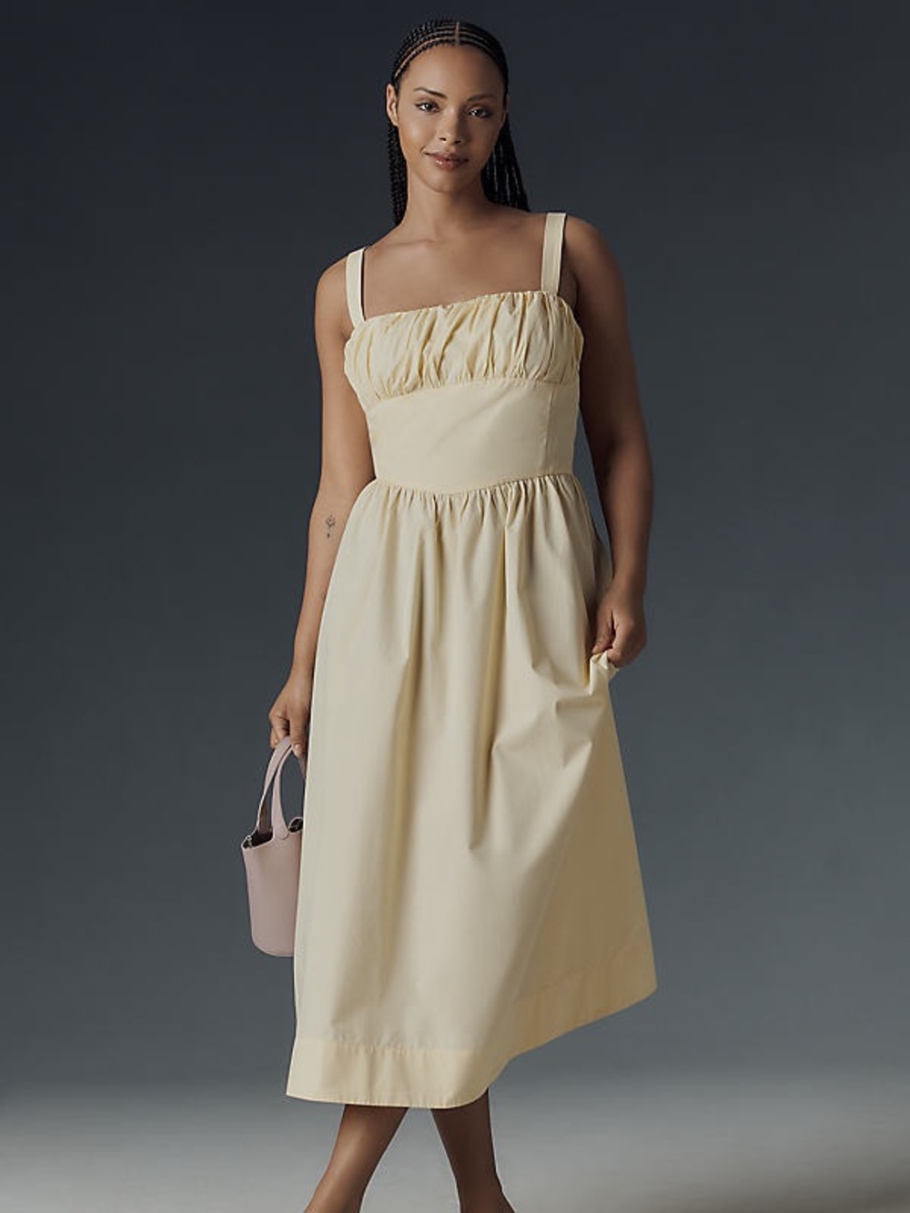 NWT Anthropologie Drop Waist Ruched Midi Dress Butter Yellow Size XL